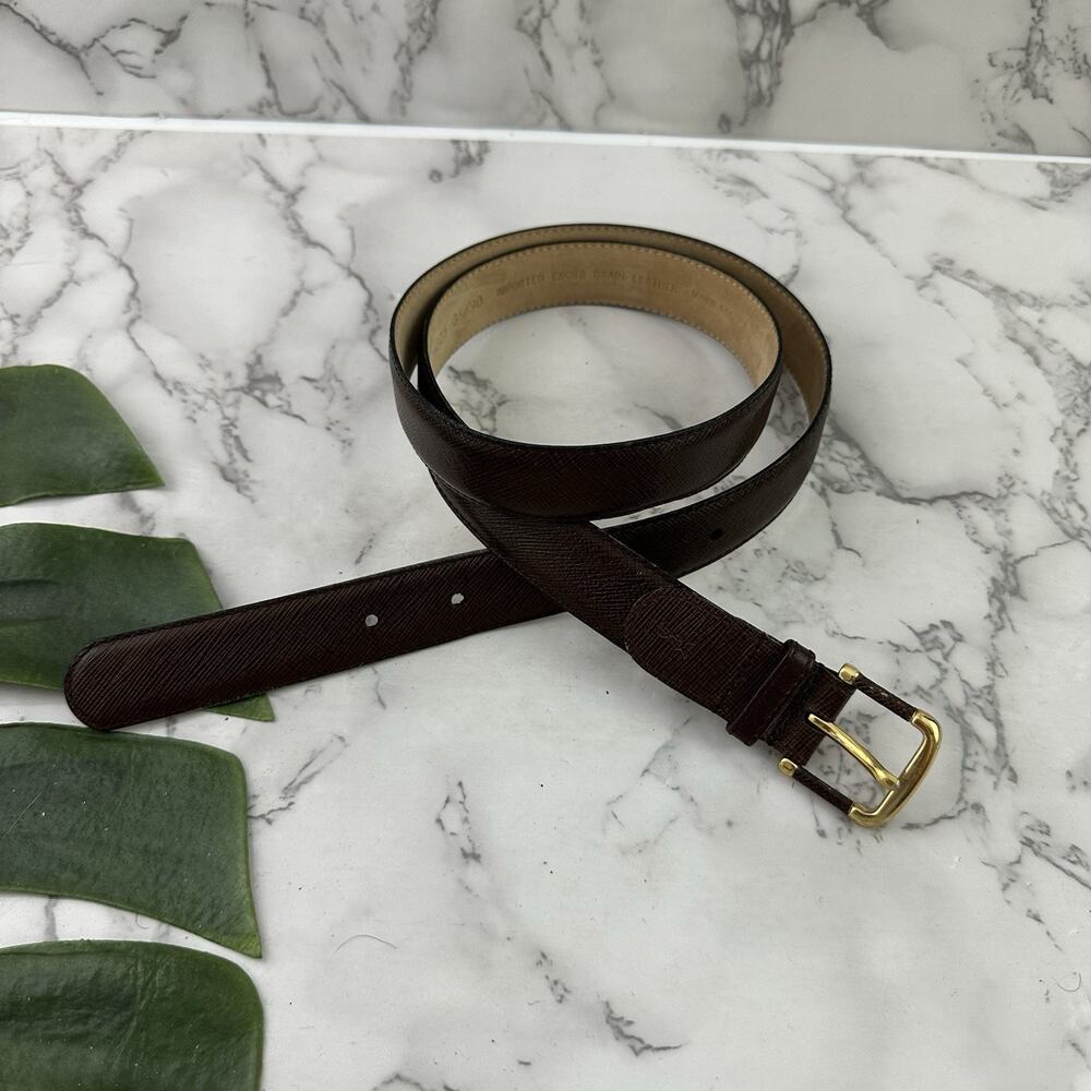 YSL Yves Saint Laurent Mens Cross Grain Leather Belt Size 36 Brown Gold Slim